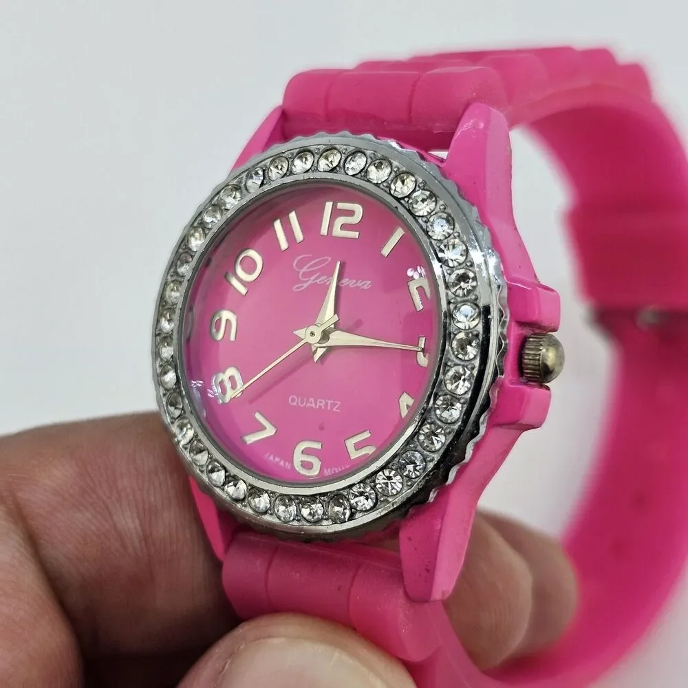 30MM Watch Women Crystal Accent Hot Pink Dial Hot Pink Plastic Bands New Battery